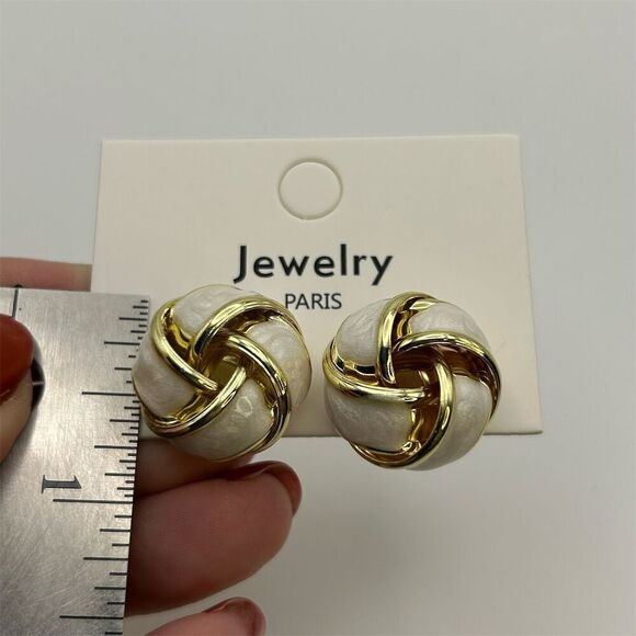 Bold 3D White Enamel and Gold Tone Layered Ribbon Dome Stud Earrings Classic - Picture 7 of 9